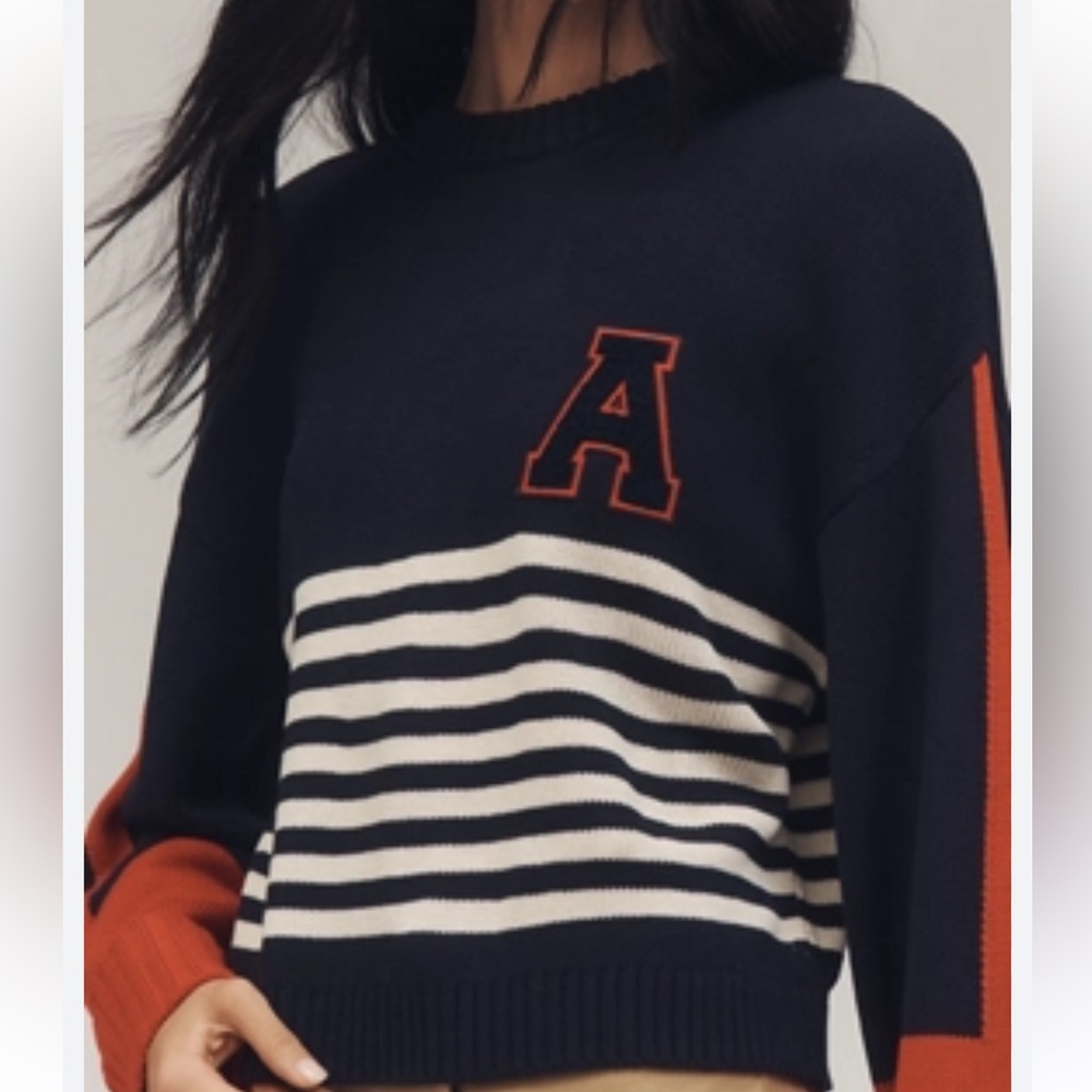 Maeve Navy and Red Striped Crew Neck Sweater